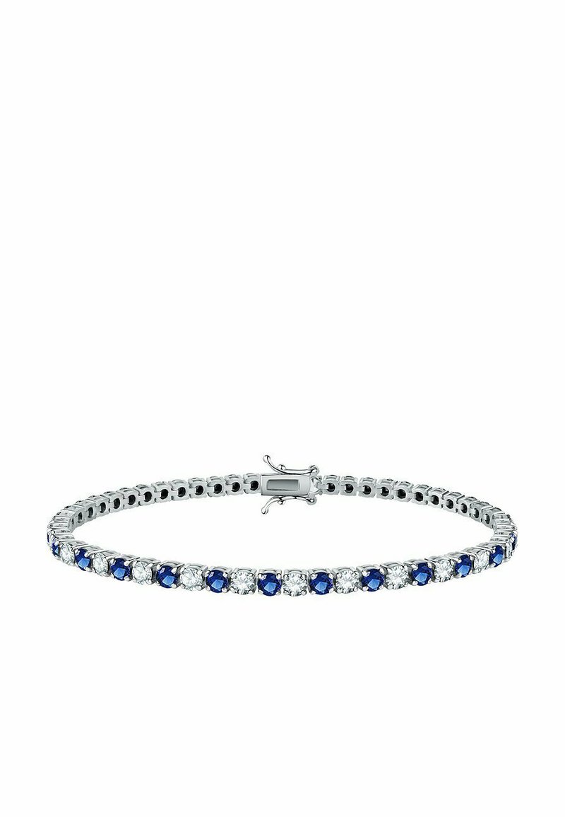 Braccialetto d'argento con gemme blu e trasparenti alternate, dotato di chiusura a gancio e design flessibile e arrotondato.