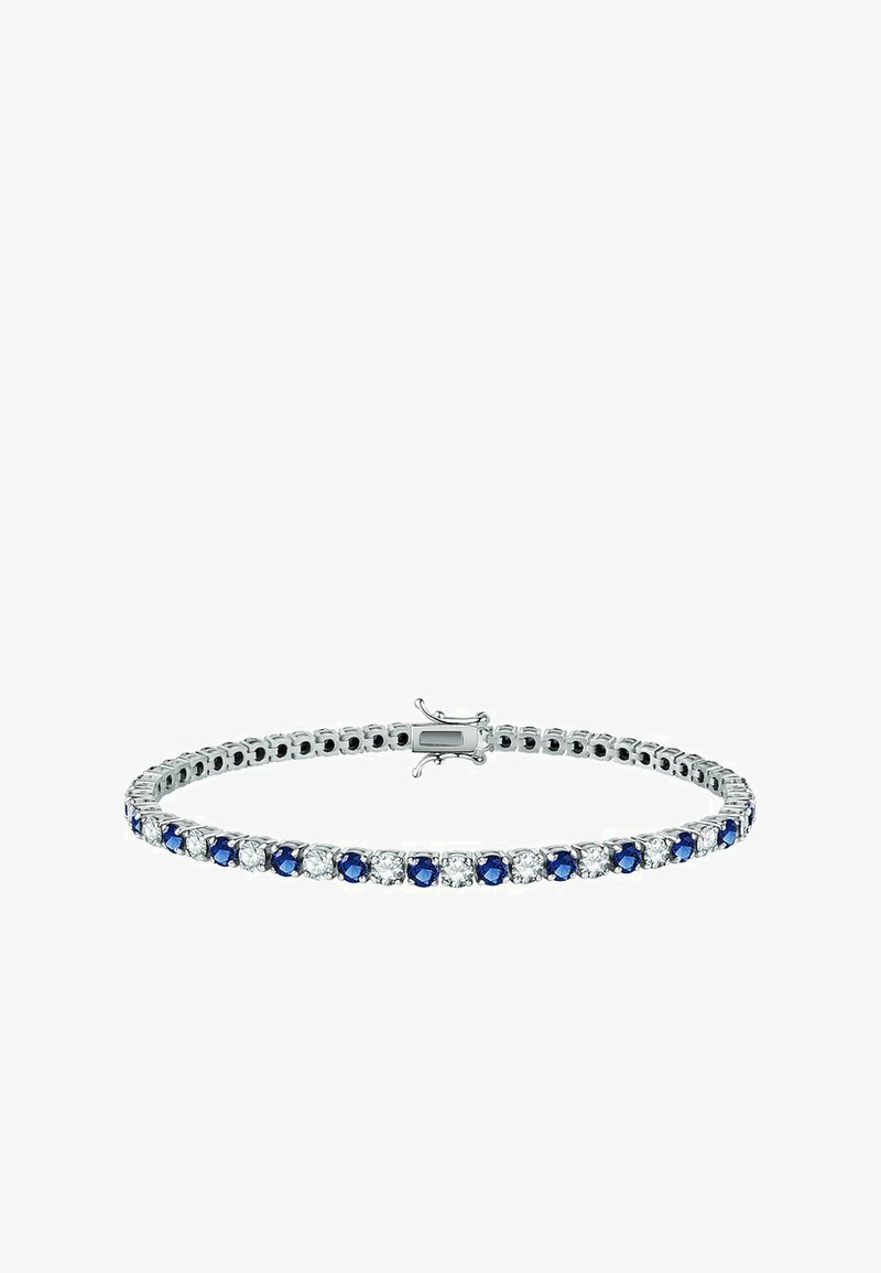 Braccialetto d'argento con gemme blu e trasparenti alternate, dotato di chiusura a gancio e design flessibile e arrotondato.