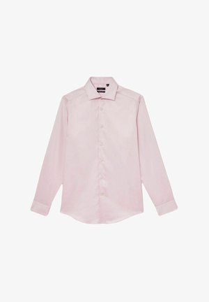 Chemise rose pâle à manches longues avec col boutonné, dotée d'une patte de boutonnage avant, d'une coupe ajustée et d'une texture lisse sans motifs.