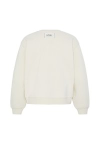 Sweat-shirt à manches longues couleur crème avec poignets et ourlet côtelés, vue arrière avec une petite étiquette rectangulaire "ICHI" près de l'encolure.