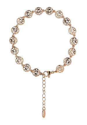 Armband in Goldton mit verbundenen, runden Anhängern, die filigrane Aussparungsdesigns aufweisen, und einem Karabinerverschluss mit verstellbarer Kette.