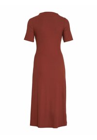 Robe midi couleur rouille, manches courtes, taille cintrée et encolure ronde simple, vue de dos sur fond blanc.