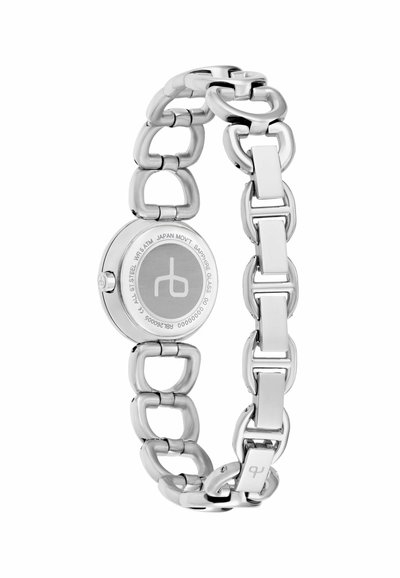 Silberfarbenes Gliederarmband mit rundem Uhrenzifferblatt, das das Markenlogo und den Text, einschließlich "Japan Mov't" und "Saphirglas", zeigt.