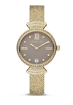 Gold-tone watch with a round gray dial, studded with crystals at hour markers, and a fine mesh band. Features Roman numerals and date display.