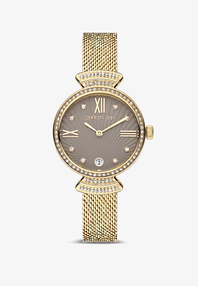 Auksinė apyrankė su apvaliu pilku ciferblatu, dekoruotu kristalais valandų žymėjimuose, ir plona tinklelio juosta. Įtraukti romėniški skaičiai ir datos rodymas.