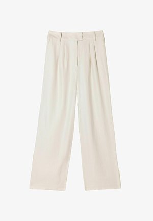 Leveän lahkeen housut vaalean beigestä kankaasta, joissa on kaksoispoimut edessä ja suora leikkaus, sileä pinta ilman näkyviä koristeita.