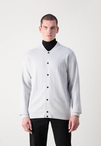 Svetlo šedý cardigan s vertikálnym rebrovaním, čiernymi gombíkmi a malou ľavou kapsou. Nosený na čiernom roláku, má voľný strih.