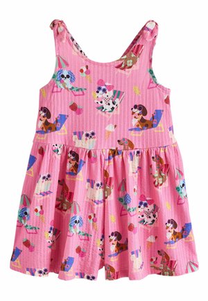 Rosa ärmelloses Kleinkindkleid mit bunten Hundemotiven, die auf Stühlen entspannen, Eis essen und Sonnenbrillen sowie Schleifen tragen.