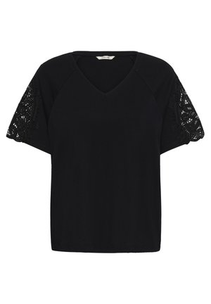Zwarte top met V-hals en korte mouwen, met gedetailleerd kant op de mouwen en een comfortabele, losse pasvorm.