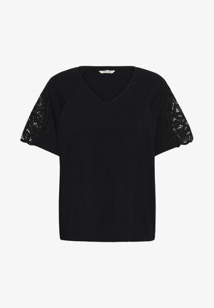 Zwarte top met V-hals en korte mouwen, met gedetailleerd kant op de mouwen en een comfortabele, losse pasvorm.