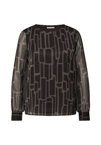 Bluzka z długim rękawem z przezroczystej czarnej tkaniny z geometrycznym, szarym wzorem; posiada okrągły dekolt i marszczone mankiety.