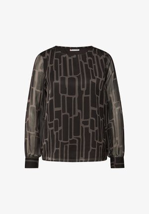 Bluzka z długim rękawem z przezroczystej czarnej tkaniny z geometrycznym, szarym wzorem; posiada okrągły dekolt i marszczone mankiety.