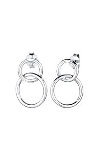 Pendientes de plata con brillantes que presentan dos anillos circulares entrelazados. El diseño es suave con un acabado pulido, exhibiendo un aspecto contemporáneo.