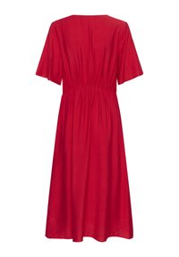 Red, knee-length dress with short, flared sleeves and a cinched waist. Made from lightweight fabric with a soft texture and subtle sheen.