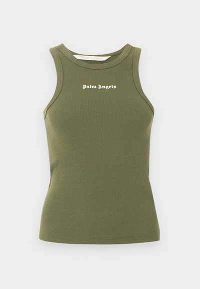 Sleeveless olive green ribbed tank top with round neckline and white "Palm Angels" text centered on the chest.