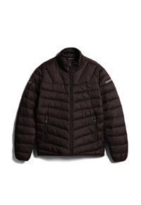 Ciemnobrązowa pikowana kurtka z przednim zamkiem błyskawicznym, zapinanymi na zamek kieszeniami bocznymi, stójką i naszywkami z logo na obu rękawach.