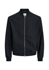 Black bomber jacket with full front zipper, ribbed collar, cuffs, and elastic waistband, displayed on a white background.