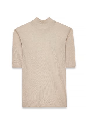 Beige gebreide top met korte mouwen en opstaande kraag, eenvoudig ontwerp en rechte onderrand, weergegeven op een witte achtergrond.