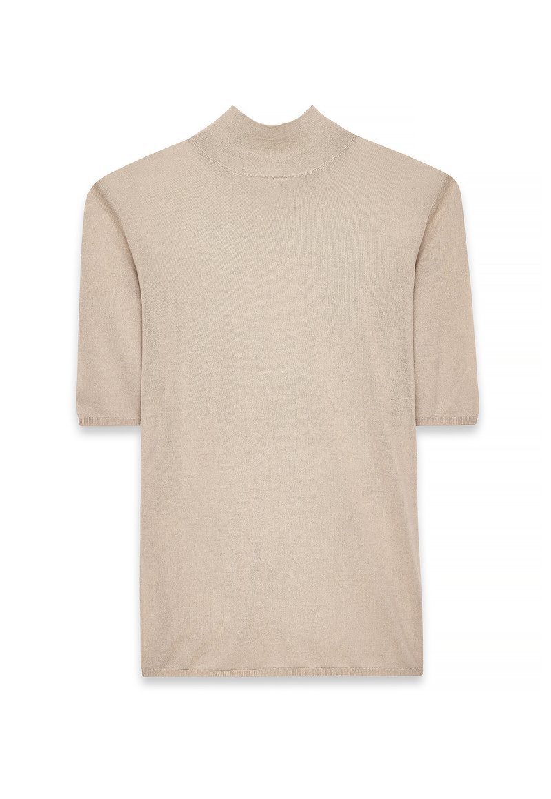 Beige short-sleeve knit top with mock neck, simple design, and straight hem, displayed on a white background.