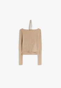 Beige, bordázott kötött hosszúujjú felső széles nyakkivágással és hátsó pánt részlettel. Rövidített hosszúságú és testhez simuló ujjak.