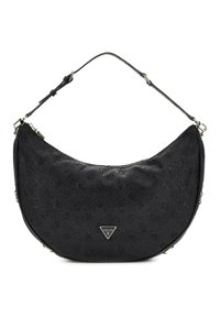 Borsa a spalla in pelle nera con forma curva, motivo a logo in rilievo, accessori in argento e logo del brand triangolare sul davanti.