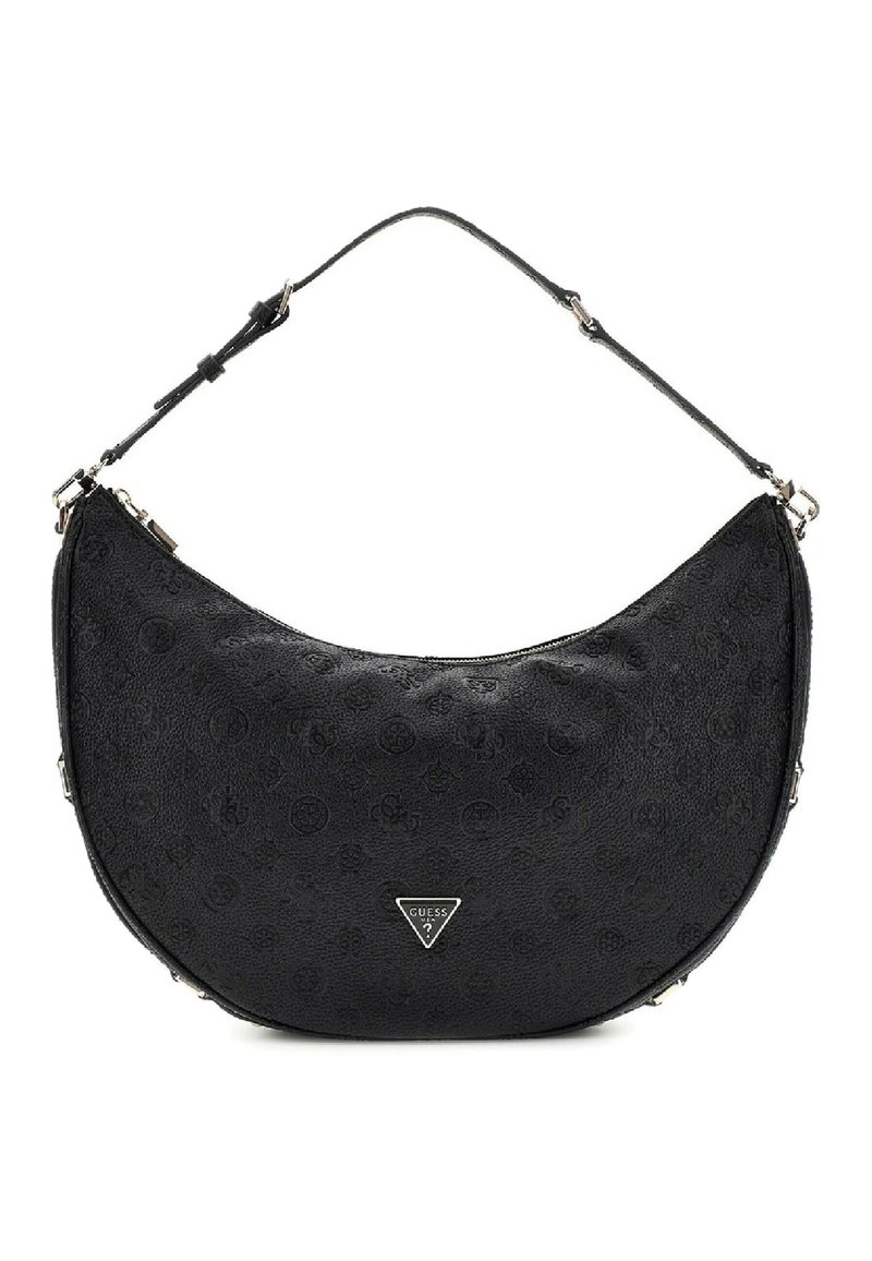 Borsa a spalla in pelle nera con forma curva, motivo a logo in rilievo, accessori in argento e logo del brand triangolare sul davanti.