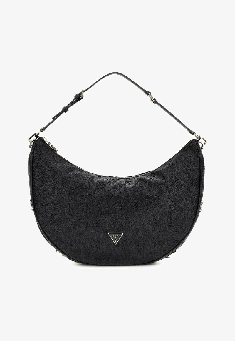 Borsa a spalla in pelle nera con forma curva, motivo a logo in rilievo, accessori in argento e logo del brand triangolare sul davanti.