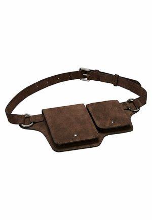 Verstellbarer brauner Ledergürtel mit zwei quadratischen Klappentaschen, die durch kleine Druckknöpfe gesichert sind, und silbernen Schnallenverschlüssen.