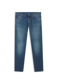 Σκούρο μπλε τζιν με ίσια γραμμή στα πόδια. Διαθέτει πέντε τσέπες, θηλιές για ζώνη και διακριτικό ξεθώριασμα στους μηρούς. Ετικέτα με την επωνυμία στη μέση.