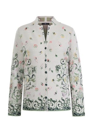 Light gray cardigan featuring floral motifs in pink, green, and yellow. Button closure and two front pockets, ribbed cuffs and hem.