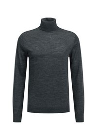 Dark gray turtleneck sweater in a fine knit. Features long sleeves and a fitted shape, with ribbed cuffs and collar for texture.