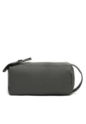 Gray fabric pencil case with a rectangular shape, zip closure, and a side handle for easy carrying. Textured surface with subtle sheen.