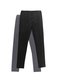 Två par leggings: ett i slät svart och ett i slät mörkgrå. Båda har resårmidja och en mjuk, slät textur.