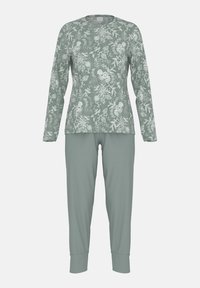 Long-sleeve top and pants set in muted green with floral pattern; soft fabric, fitted design, and ribbed cuffs at wrists and ankles.
