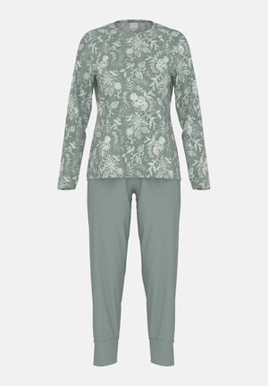 Set di maglia a maniche lunghe e pantaloni in verde tenue con motivo floreale; tessuto morbido, design aderente e polsini a coste sui polsi e sulle caviglie.