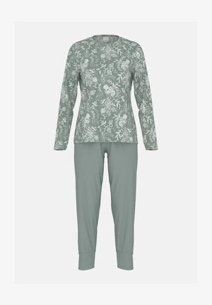 Sæt bestående af langærmet top og bukser i dæmpet grøn med blomsterprint; blødt stof, tætsiddende design og ribbede manchetter ved håndled og ankler.