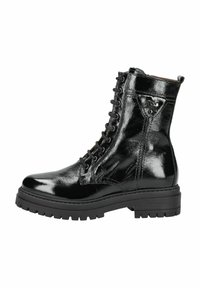 Bottine noire avec finition en cuir verni, design à lacets, plateforme robuste et semelle en caoutchouc. Présente un petit logo sur le côté.
