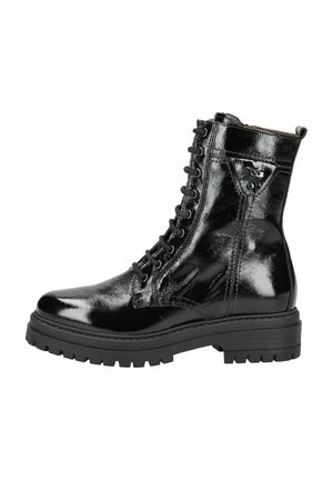 Black ankle boot with patent leather finish, lace-up design, sturdy platform, and rubber sole. Features a small logo on the side.