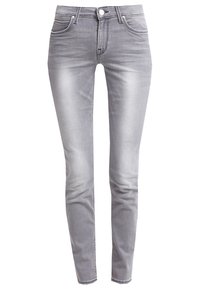 Jean skinny gris en denim, doté d'un design classique à cinq poches, fermeture éclair à glissière, et une légère décoloration pour un effet usé.
