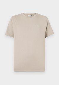 Short-sleeve beige t-shirt made of cotton. Features a crew neck and a small logo printed on the upper left side. Smooth texture.