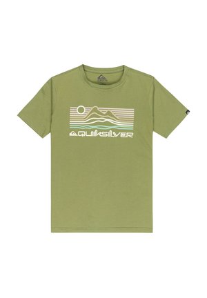 Olive green cotton t-shirt featuring a graphic design with mountains, waves, and a sun, and the brand name "Quiksilver" in white.