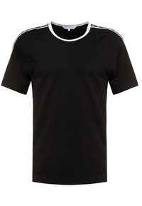 Musta puuvillapaita, jossa on pyöreä valkoinen kaula-aukko, lyhyet hihat ja kontrastiset valkoiset sivusuorat. Paita on normaalikokoinen ja siinä on sileä pinta.