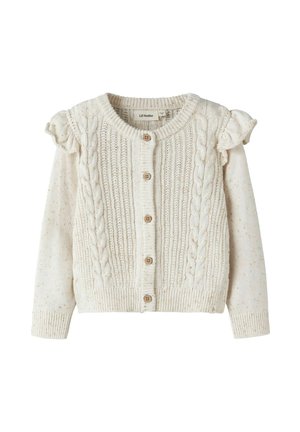 Babykleid in Cremefarbe, gestrickt mit Knopfleiste vorne, Zopfmuster, langen Ärmeln und gerüschten Schulterdetails.