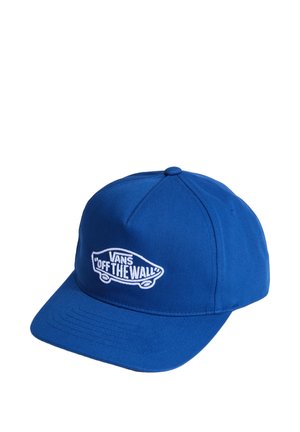 Niebieska czapka baseballowa z białym logo Vans "Off The Wall" w kształcie deski do skate'owania, wyhaftowanym na przednim panelu.