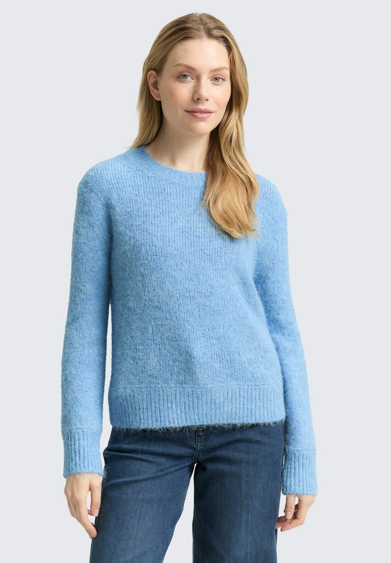Helles blaues, weiches Strickpullover mit Rundhalsausschnitt, geripptem Saum und Bündchen. Verfügt über eine kuschelige Textur, lange Ärmel und einen lockeren Schnitt.