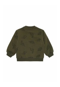 Sudadera verde oliva con estampados de dinosaurios en origami en negro, con puños y dobladillo acanalados; diseño de camiseta con cuello redondo.