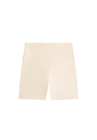Beige high-waisted seamless shorts with a V-shaped waistband, designed for a snug fit and smooth silhouette.
