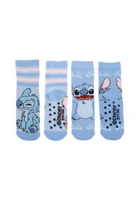 Calzini blu con design di cartone animato di Stitch e Lilo. Inclusi strisce rosa, suole testurizzate per aderenza e espressioni giocose varie.