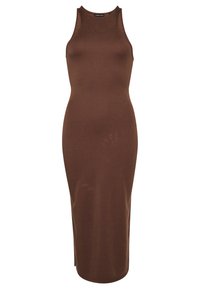 Vestido midi ajustado sin mangas de color marrón, con cuello alto y abertura lateral, confeccionado en tejido de punto acanalado.