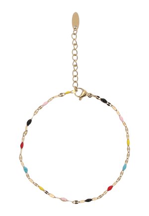 Delikat guldkædearmbånd med små emaljebelagte perler i pink, sort, gul, rød og blå, jævnt fordelt, med hummerlås og justerbar forlængerlænke.